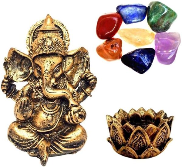 Combo Estátua de Ganesha + Castiçal + 7 Pedras dos Chakras Resina Dourado